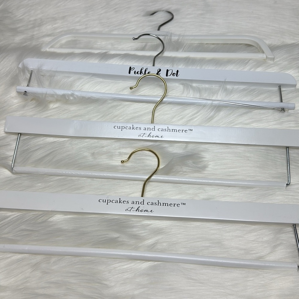 (3) White Wooden Hangers Cupcakes and Cashmere, Pickle & Dot for pants, blankets